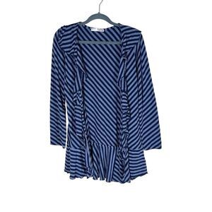 Erin Paige Cardigan Waterfall Flounce Trimmed Stripes Jersey in Blue L